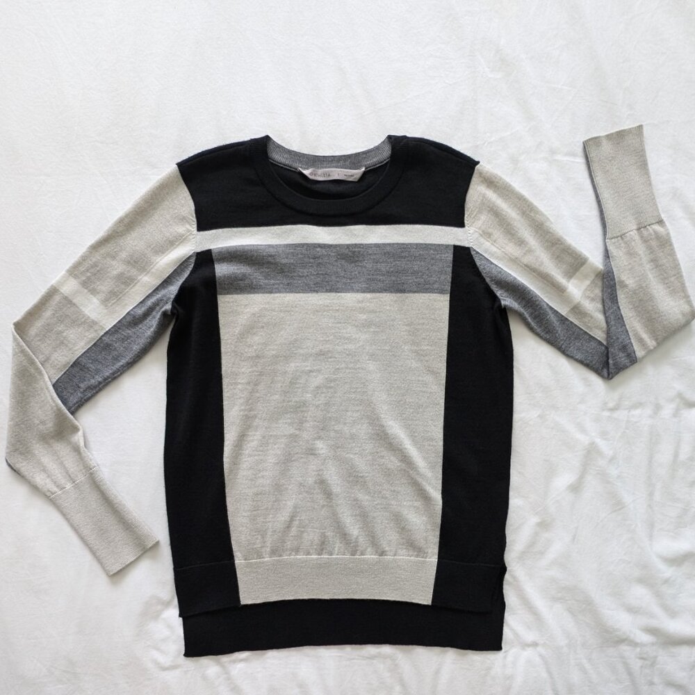 Ladies Athleta Black Gray Strobe Color Block Merino Wool Blend Sweater - S